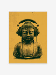 Buddha bust wearing large headphones on a mustard yellow background, illustrative digital wall art print