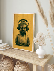 Buddha bust wearing large headphones on a mustard yellow background, illustrative digital, in an alternate framed mockup