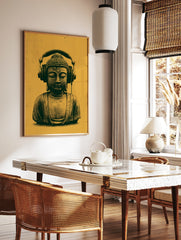 Buddha bust wearing large headphones on a mustard yellow background, illustrative digital wall art, in a styled room mockup