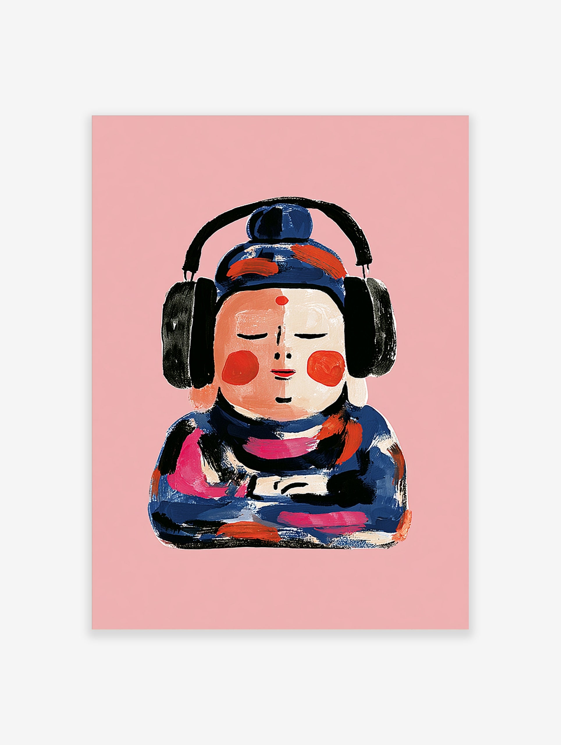Painterly illustration of a Buddha figure wearing black headphones against a solid pink background