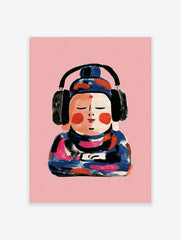 Painterly illustration of a Buddha figure wearing black headphones against a solid pink background