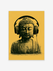 Buddha statue wearing over-ear headphones against a yellow background, modern graphic wall art print