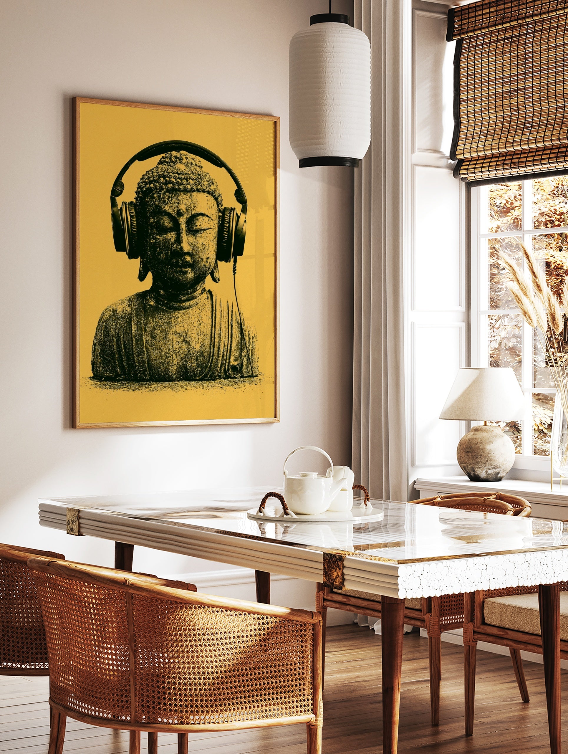 Buddha statue wearing over-ear headphones against a yellow background, modern graphic wall art print, in a styled room mockup