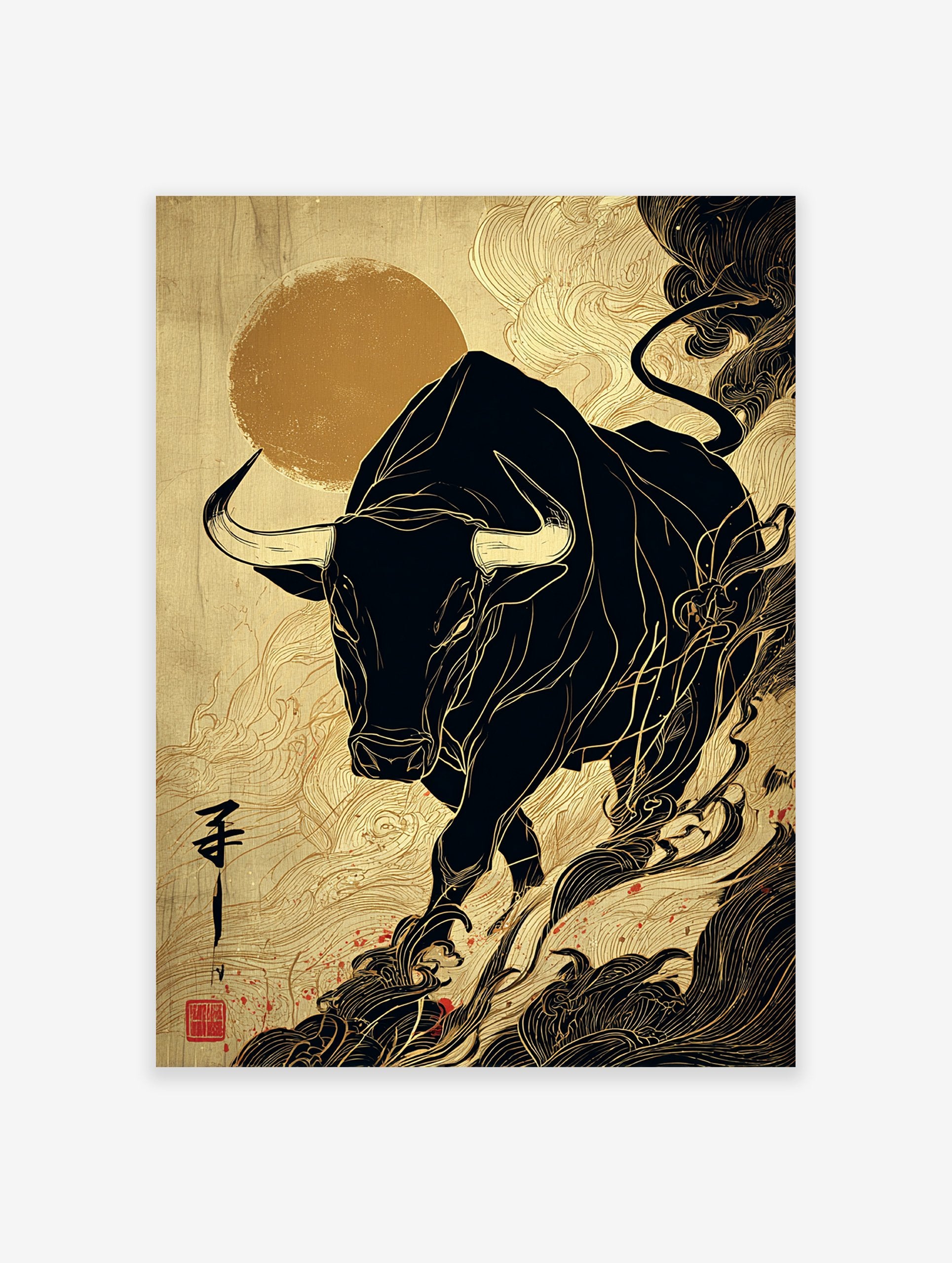 Japanese style bull art print with a black bull outlined in golden lines against a textured gold background with swirling clouds.