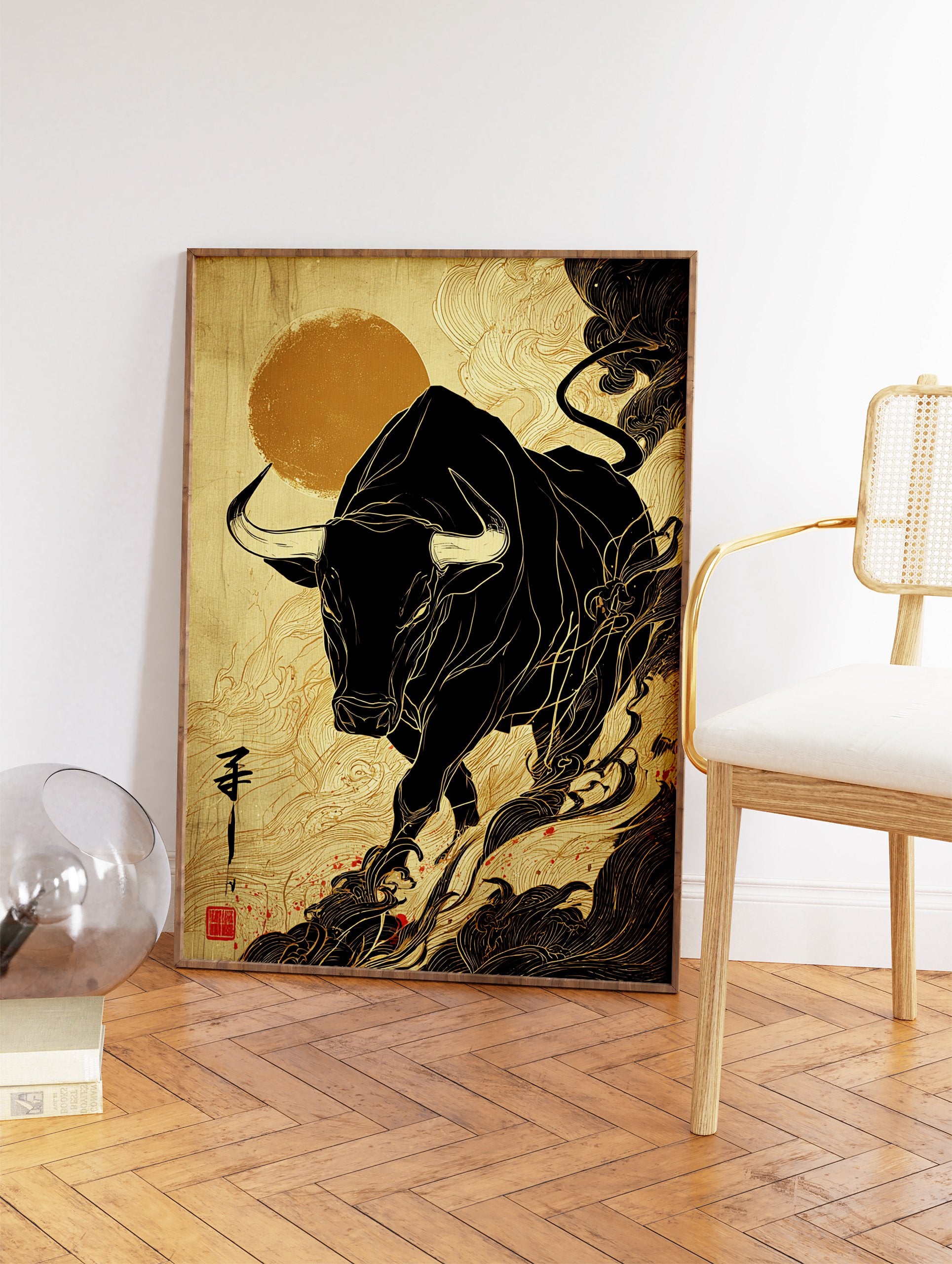 Japanese style bull art print with a black bull outlined in golden lines against a textured gold background with swirling clouds. - Image 2