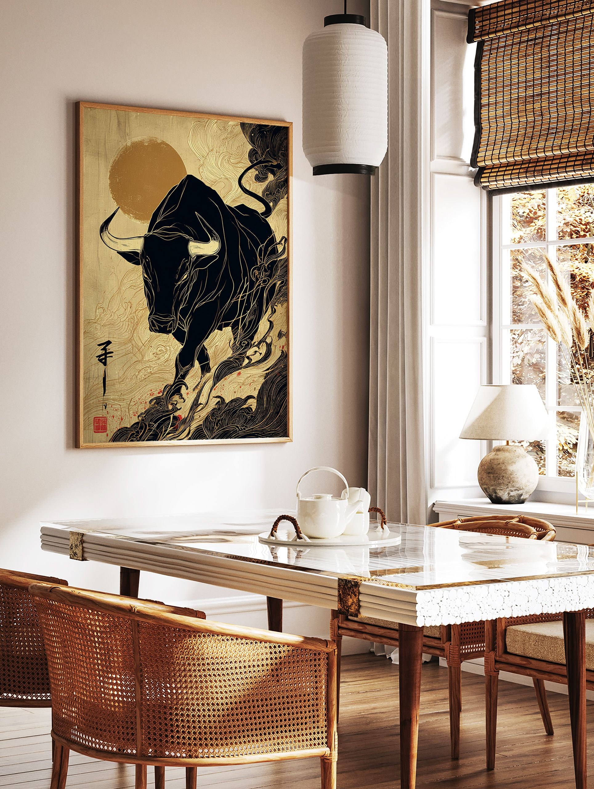 Japanese style bull art print with a black bull outlined in golden lines against a textured gold background with swirling clouds. - Image 3