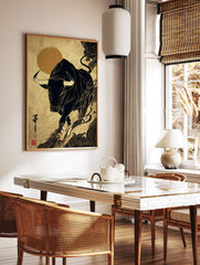 Japanese style bull art print with a black bull outlined in golden lines against a textured gold background with swirling clouds. - Image 3