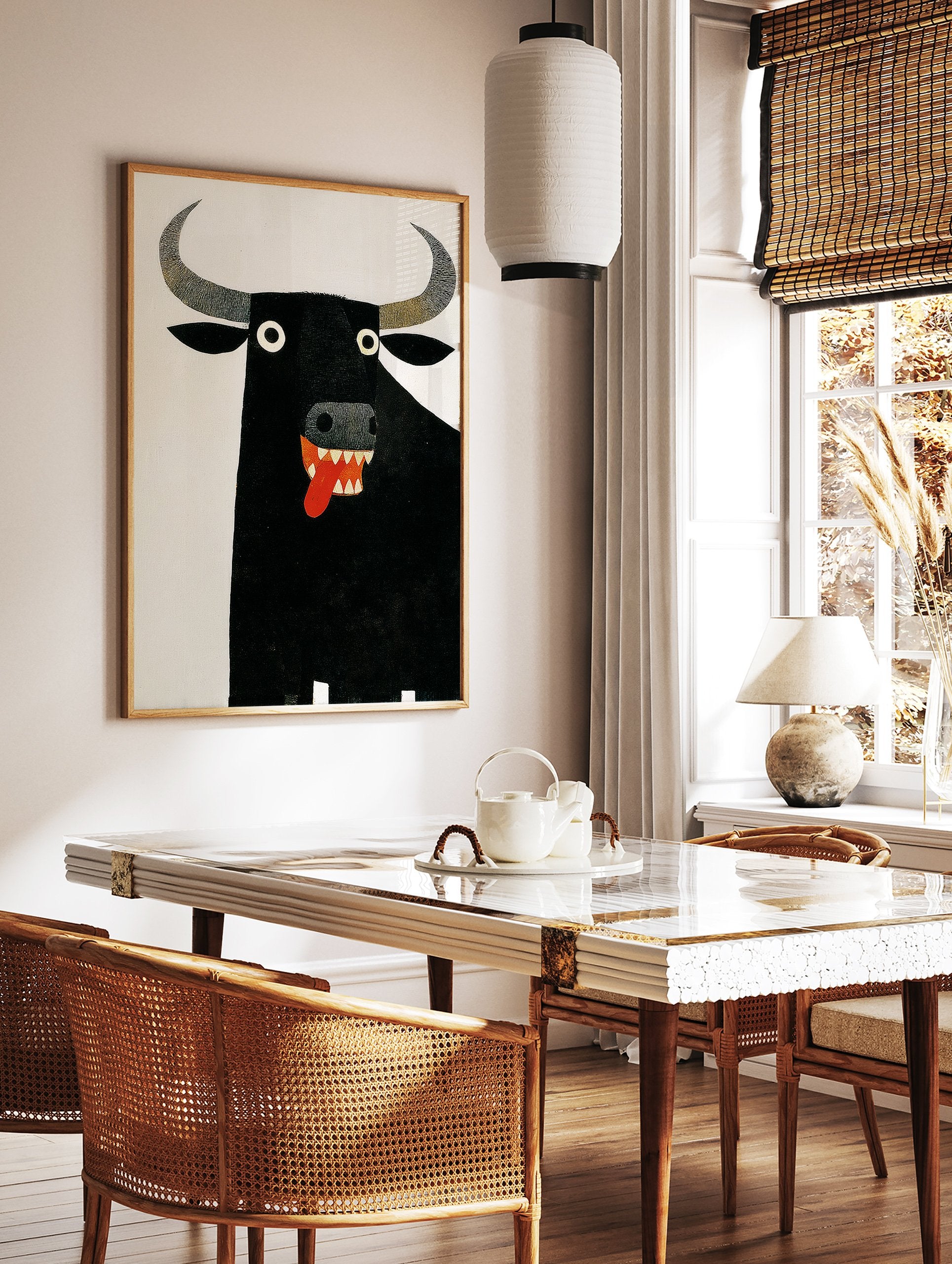 Humorous black bull poster with white eyes and red tongue on a white background, in an illustrative modern art style. - Image 2