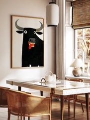Humorous black bull poster with white eyes and red tongue on a white background, in an illustrative modern art style. - Image 2