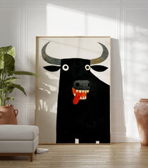 Humorous black bull poster with white eyes and red tongue on a white background, in an illustrative modern art style. - Image 3