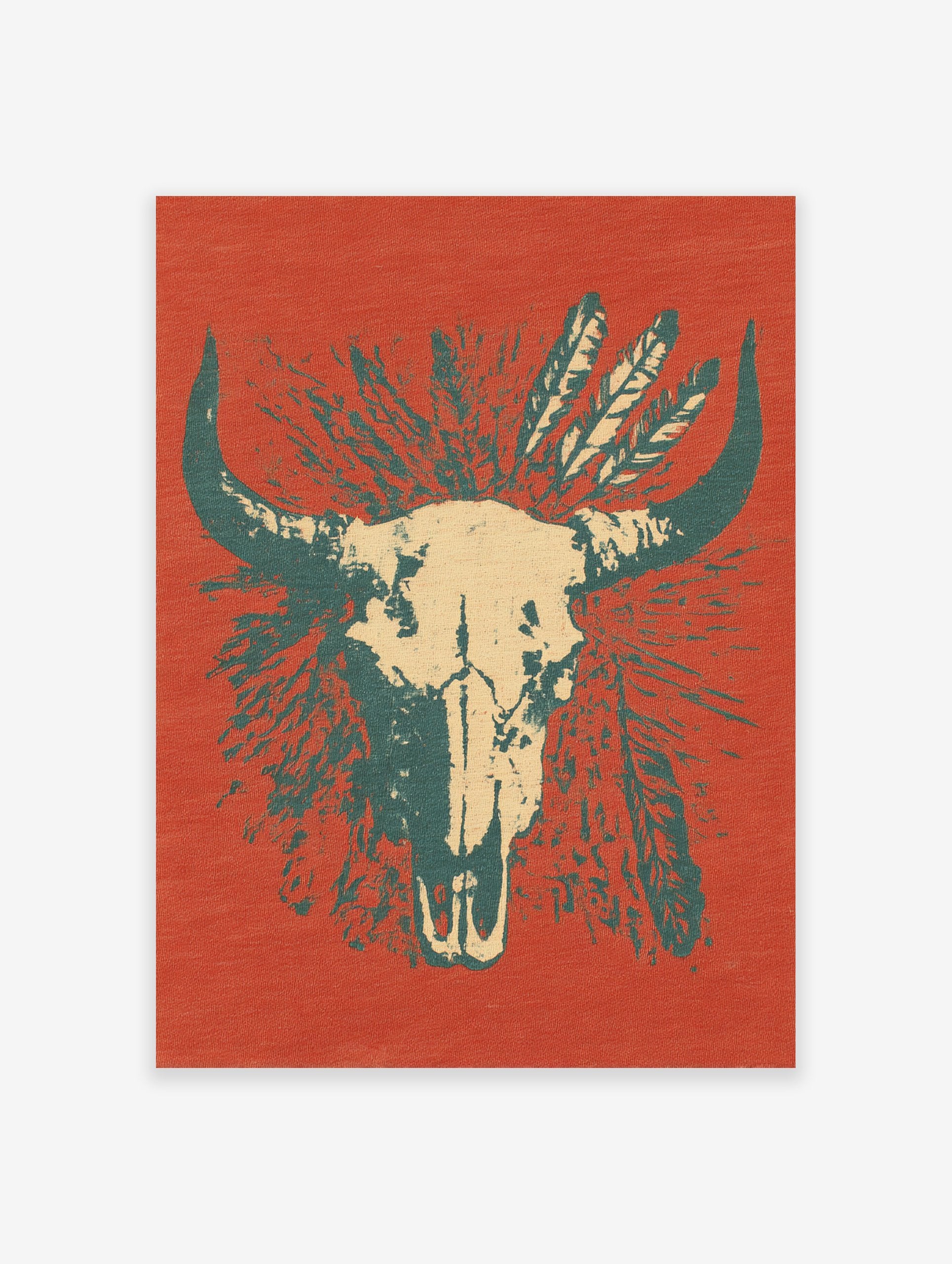 Bull skull poster with feathers on a reddish-orange background, featuring teal horns and beige skull details.