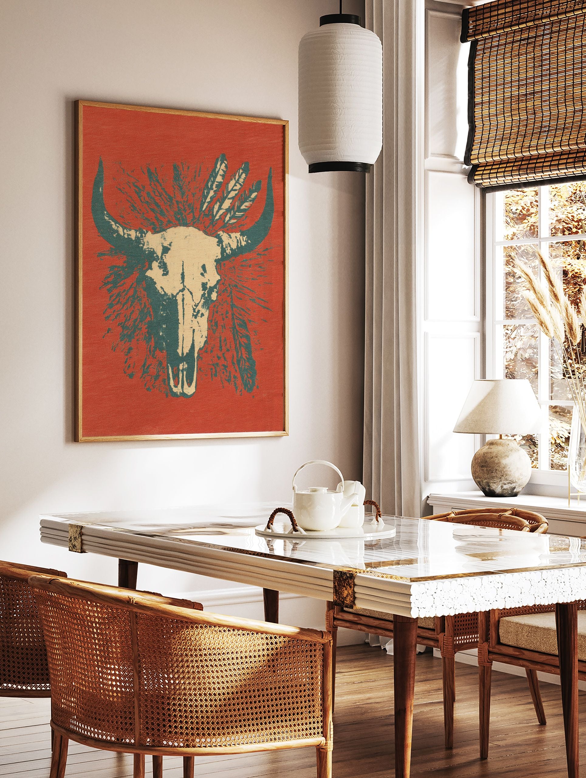 Bull skull poster with feathers on a reddish-orange background, featuring teal horns and beige skull details. - Image 2