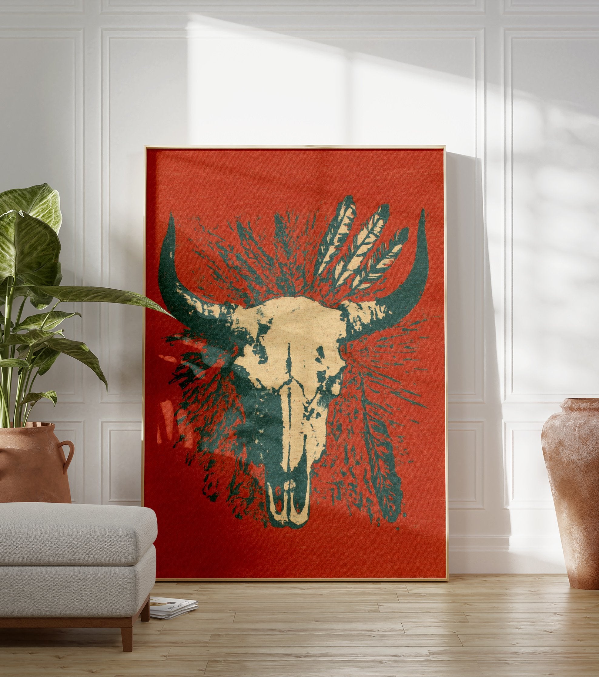 Bull skull poster with feathers on a reddish-orange background, featuring teal horns and beige skull details. - Image 3