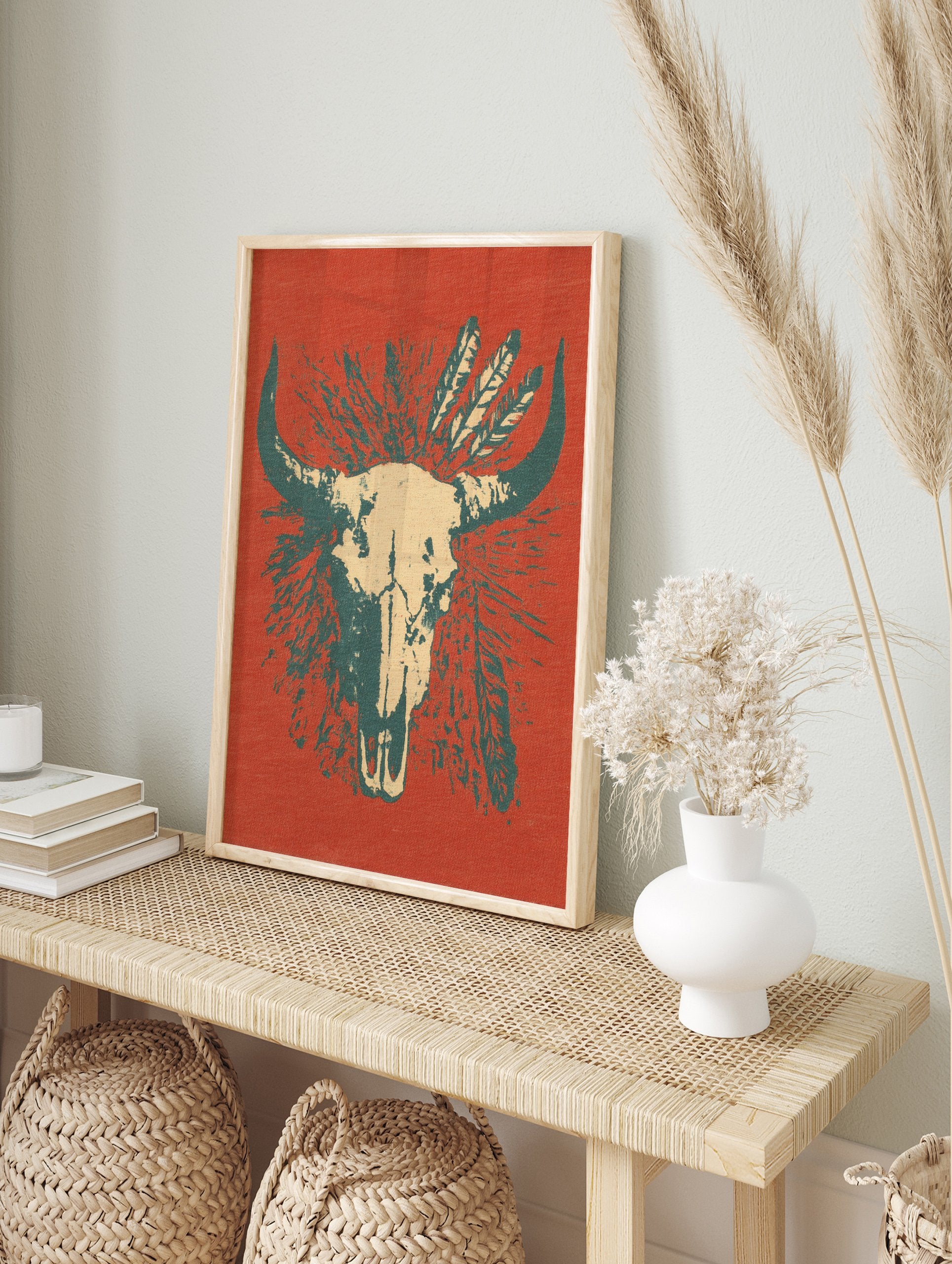 Bull skull poster with feathers on a reddish-orange background, featuring teal horns and beige skull details. - Image 4