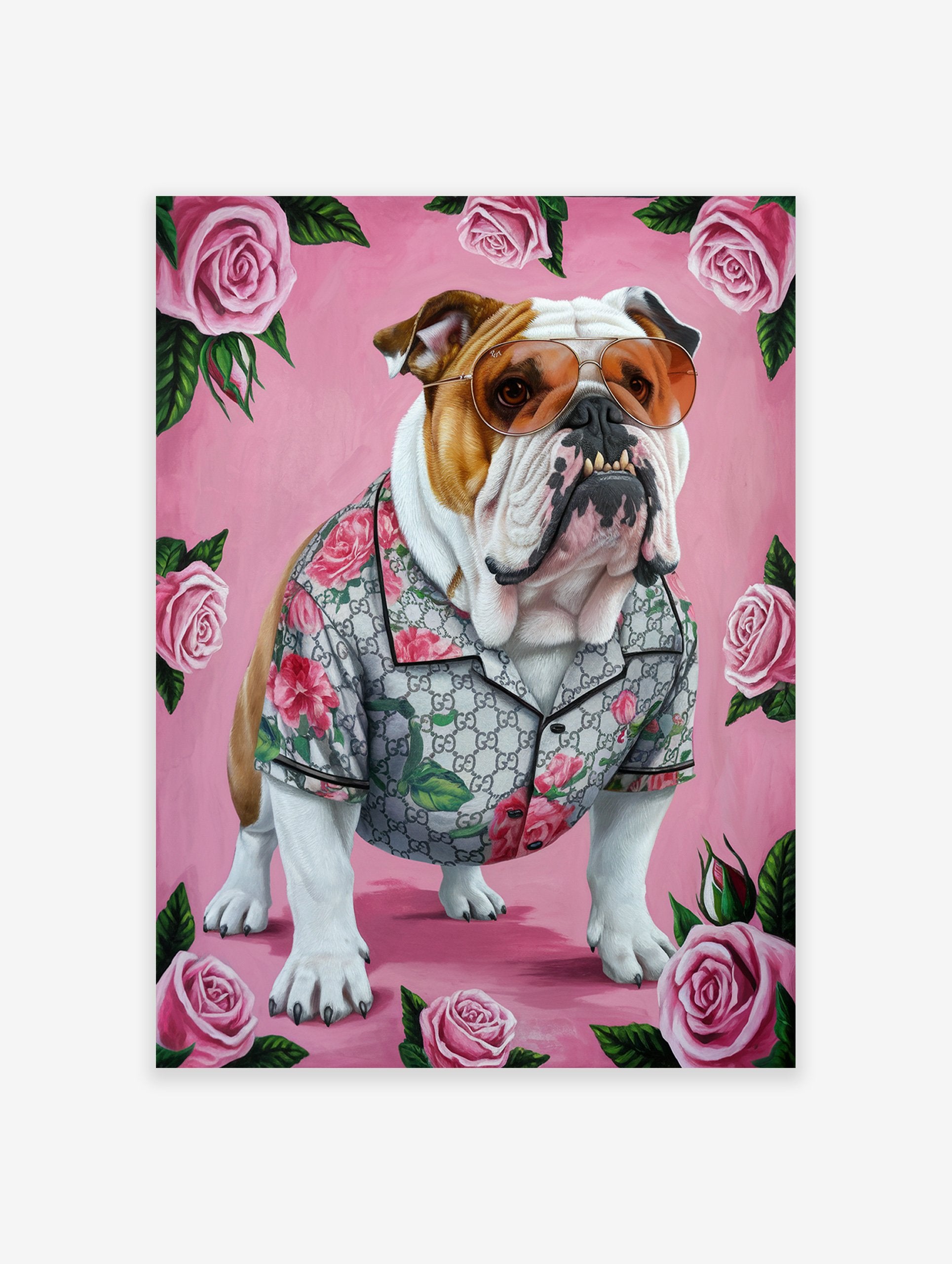A stylish bulldog wearing sunglasses and a floral shirt, surrounded by pink roses, depicted in a vibrant art poster.