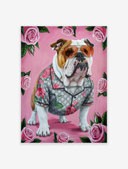 A stylish bulldog wearing sunglasses and a floral shirt, surrounded by pink roses, depicted in a vibrant art poster.