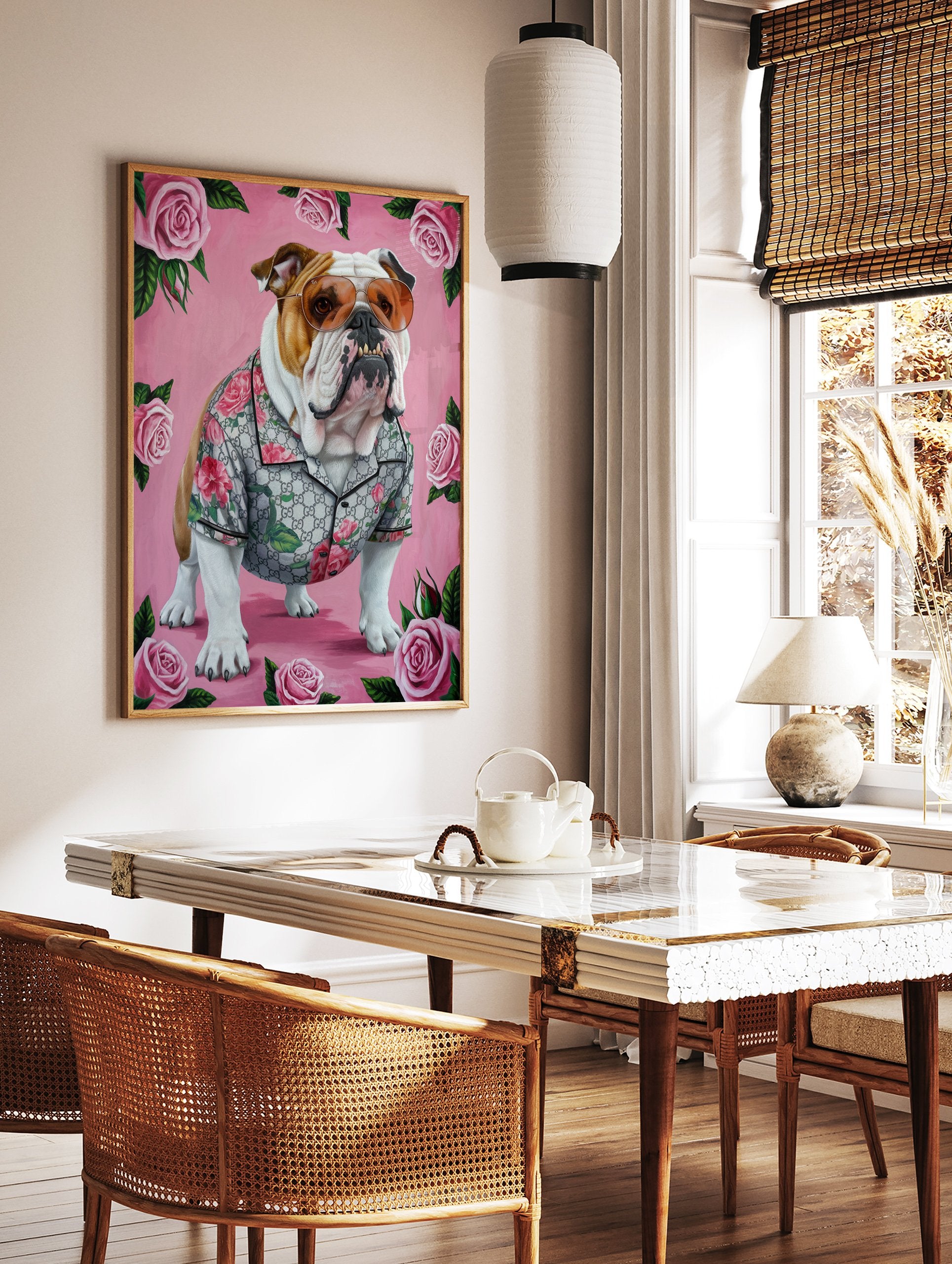 A stylish bulldog wearing sunglasses and a floral shirt, surrounded by pink roses, depicted in a vibrant art poster. - Image 2
