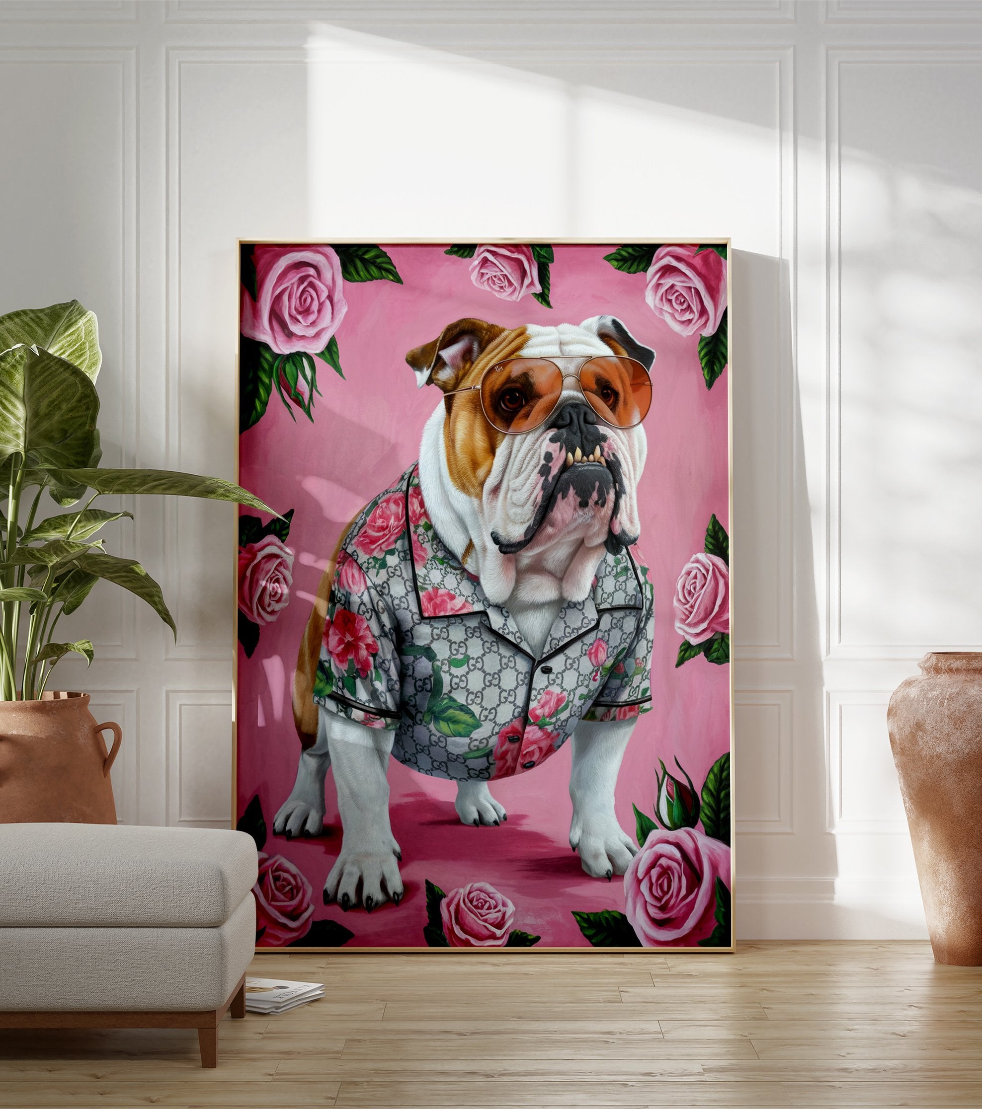 A stylish bulldog wearing sunglasses and a floral shirt, surrounded by pink roses, depicted in a vibrant art poster. - Image 3