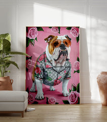A stylish bulldog wearing sunglasses and a floral shirt, surrounded by pink roses, depicted in a vibrant art poster. - Image 3
