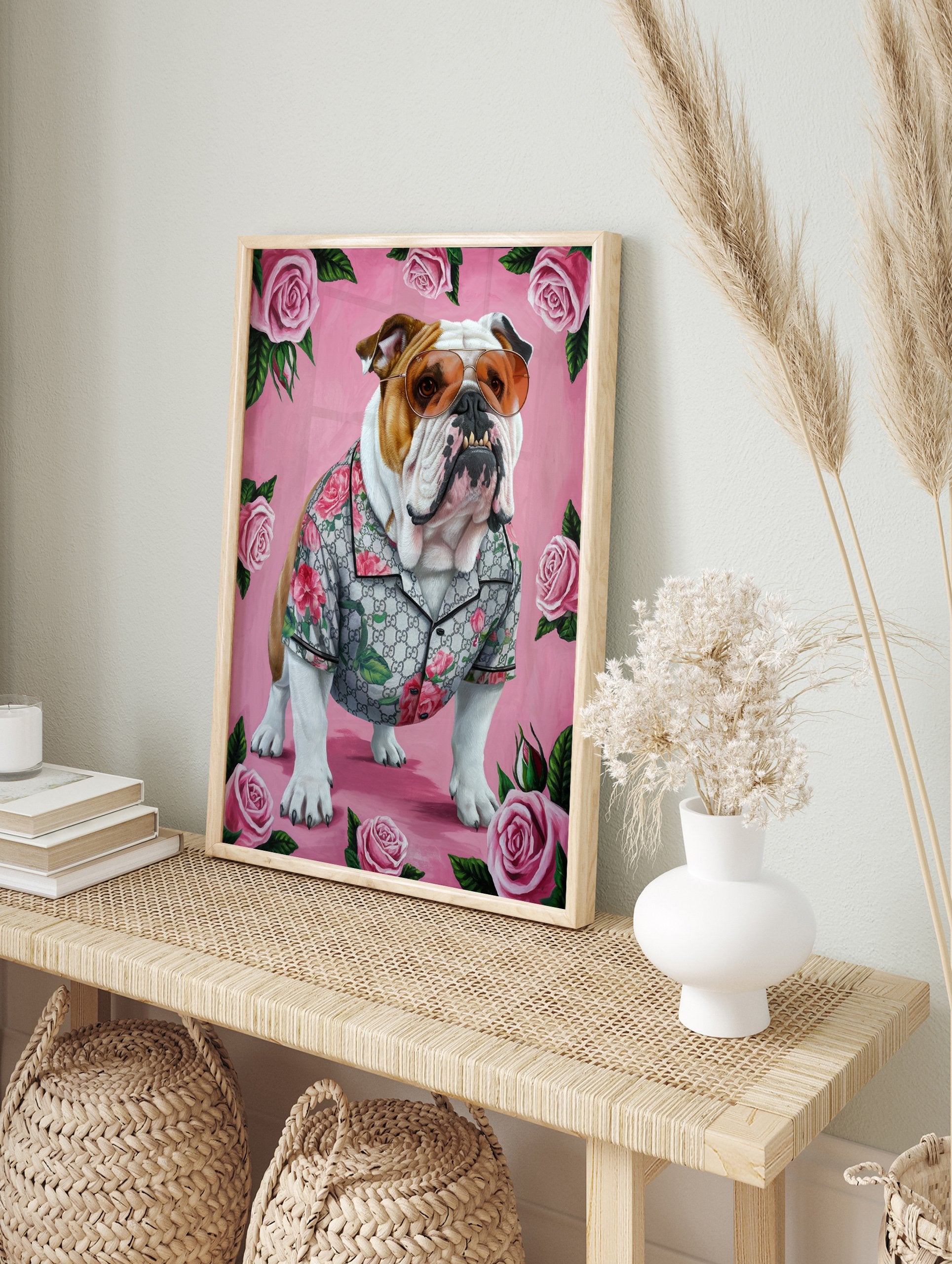 A stylish bulldog wearing sunglasses and a floral shirt, surrounded by pink roses, depicted in a vibrant art poster. - Image 4