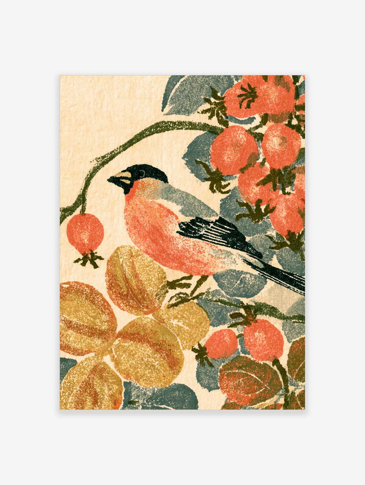 Bullfinch bird perched among orange persimmon fruit and blue-green leaves, Japanese woodblock style