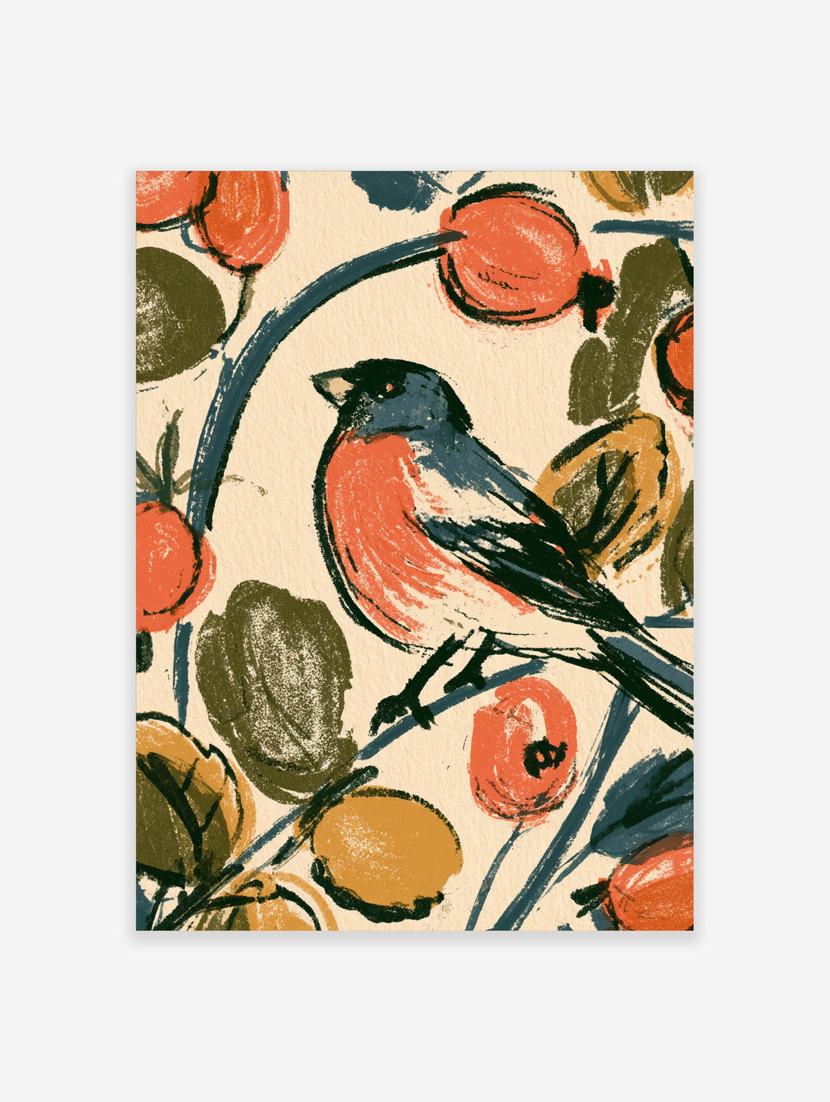 Bullfinch bird art print with coral breast perched among orange berries and olive leaves on cream background