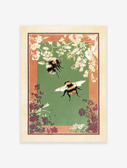 Vintage bumblebee and botanical flower illustration art print with green background and orange floral border.