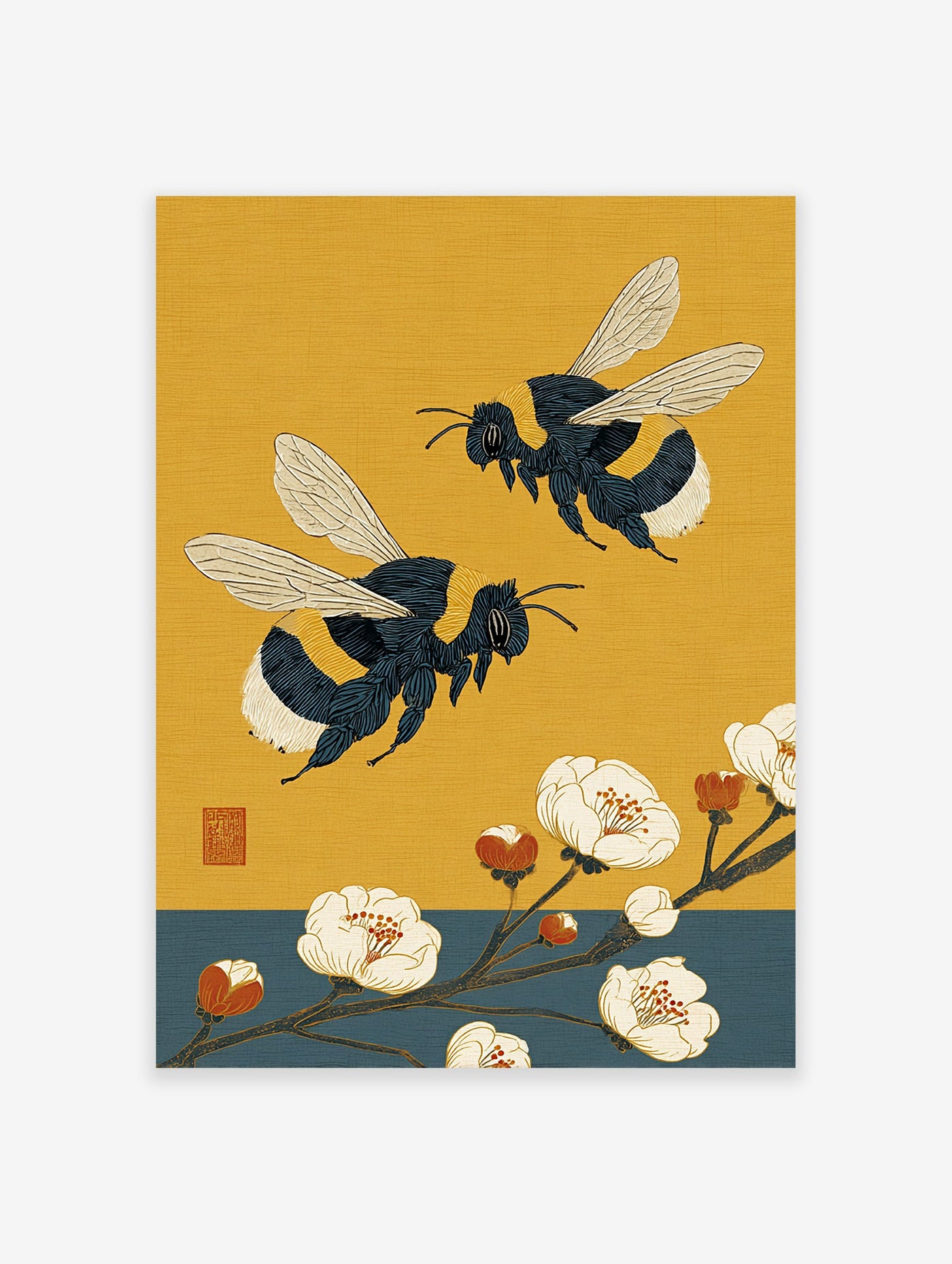 Japanese inspired bumblebee wall art with two bees flying near white flowers and orange buds on a textured yellow background.