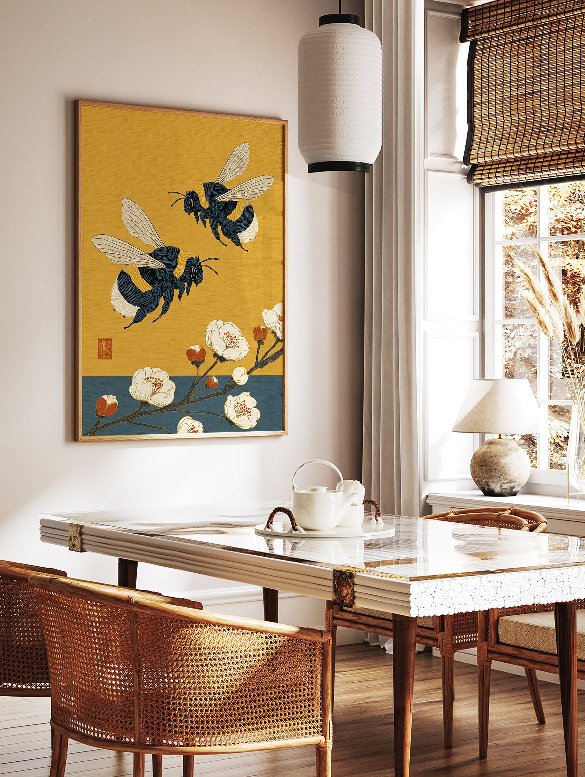 Japanese inspired bumblebee wall art with two bees flying near white flowers and orange buds on a textured yellow background. - Image 2