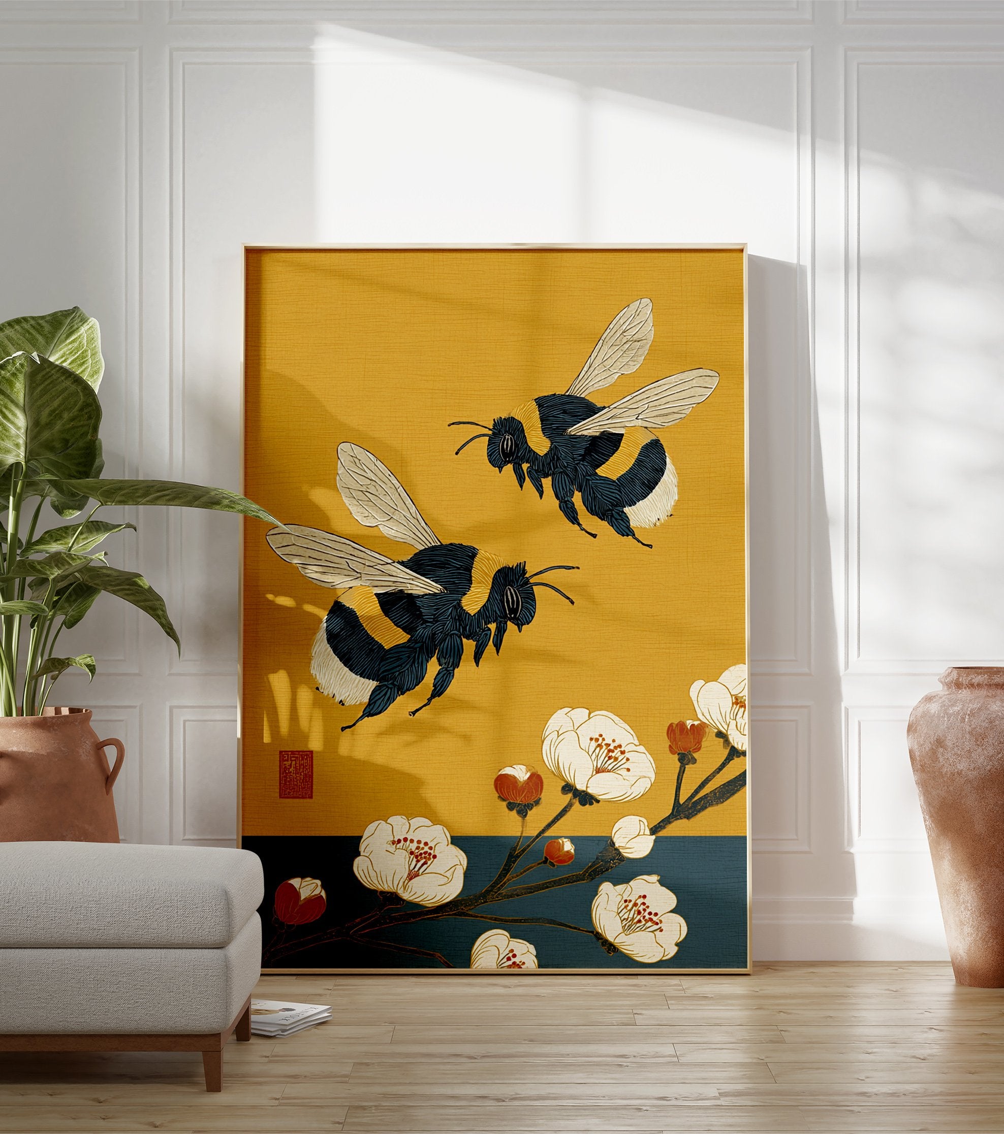 Japanese inspired bumblebee wall art with two bees flying near white flowers and orange buds on a textured yellow background. - Image 3