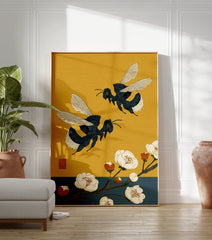 Japanese inspired bumblebee wall art with two bees flying near white flowers and orange buds on a textured yellow background. - Image 3
