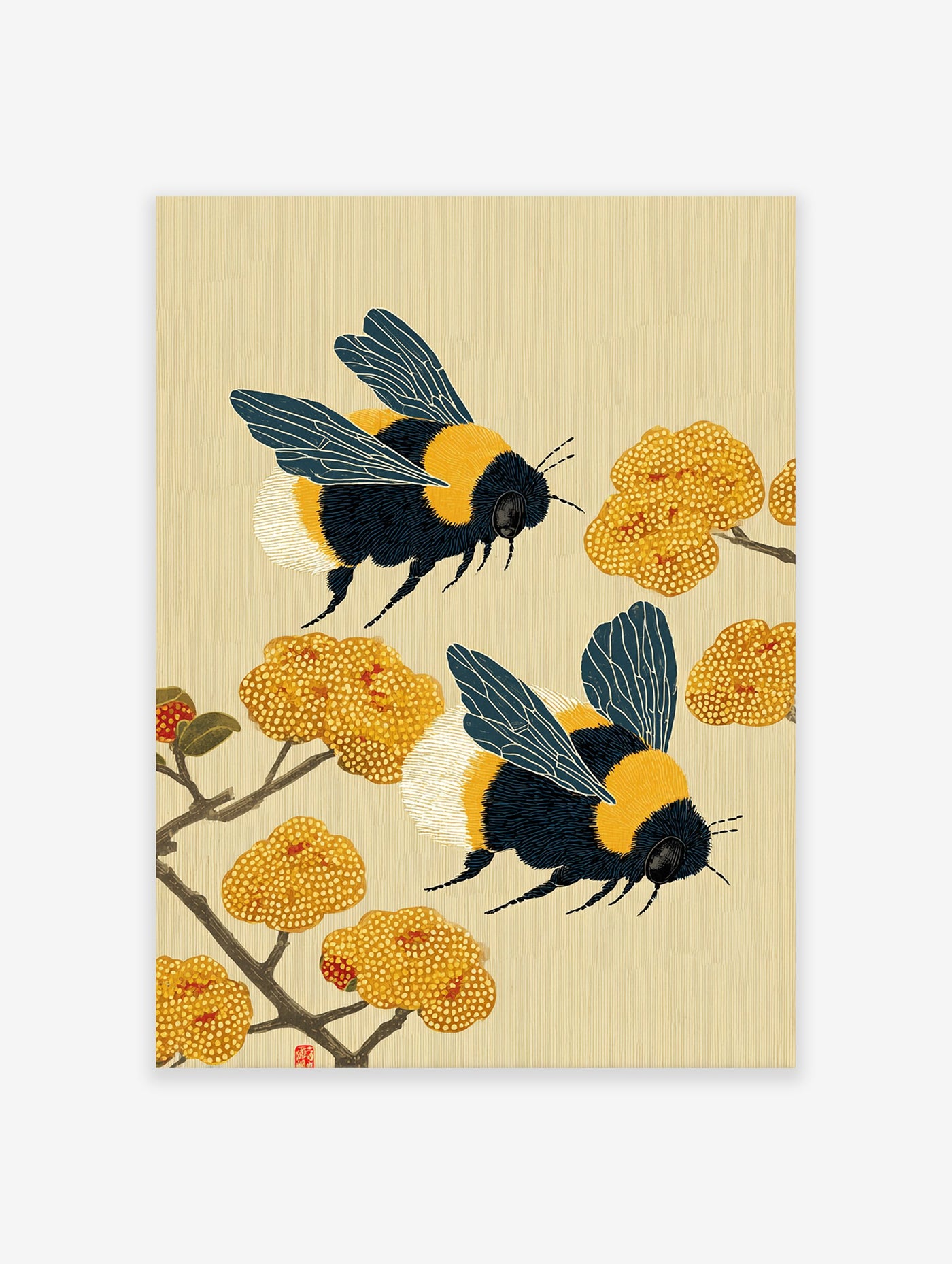 Japanese style bumblebee wall art print featuring two bees flying among yellow flowers and branches on a textured beige background.