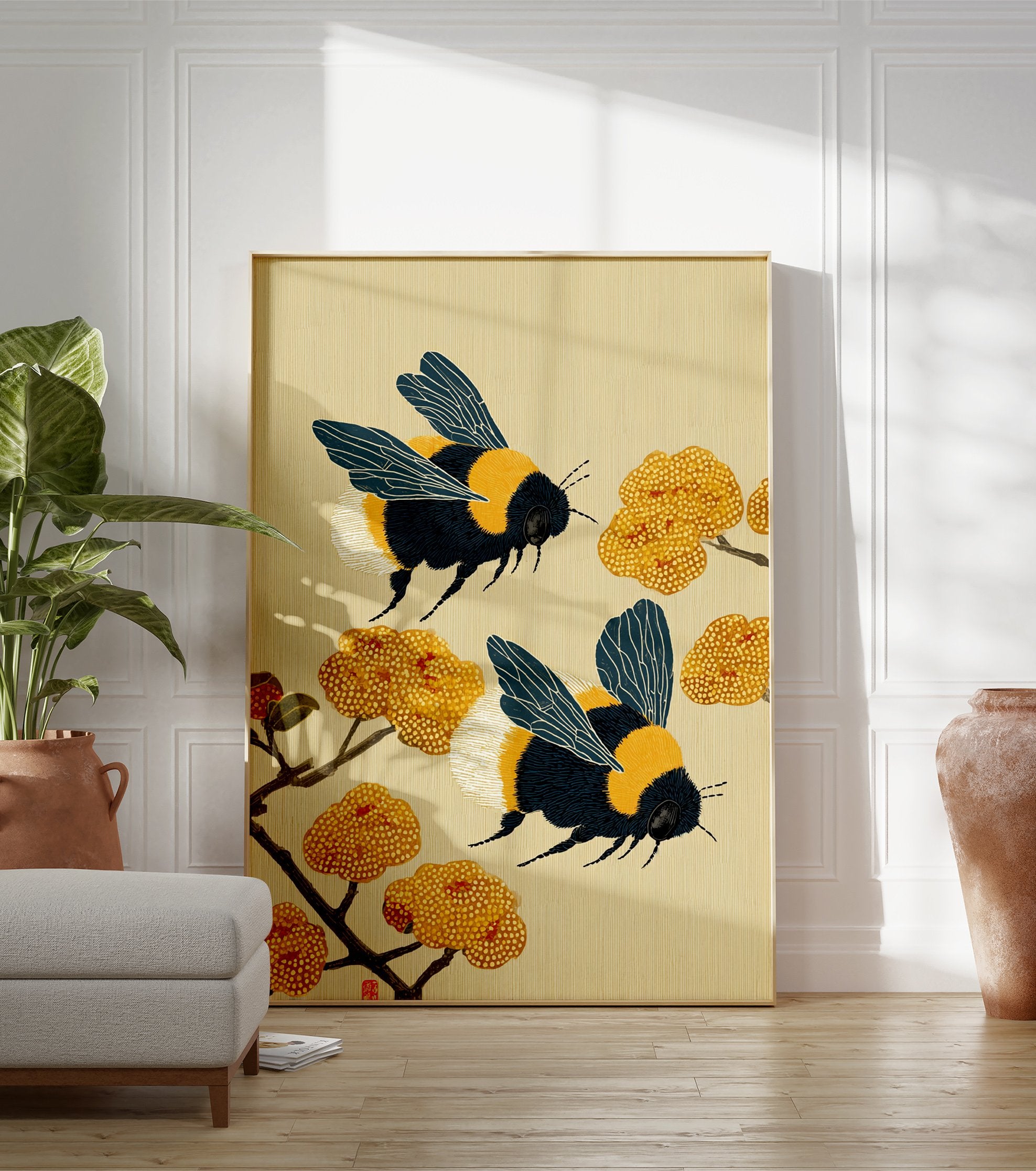 Japanese style bumblebee wall art print featuring two bees flying among yellow flowers and branches on a textured beige background. - Image 3
