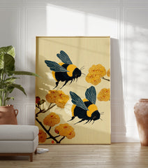 Japanese style bumblebee wall art print featuring two bees flying among yellow flowers and branches on a textured beige background. - Image 3
