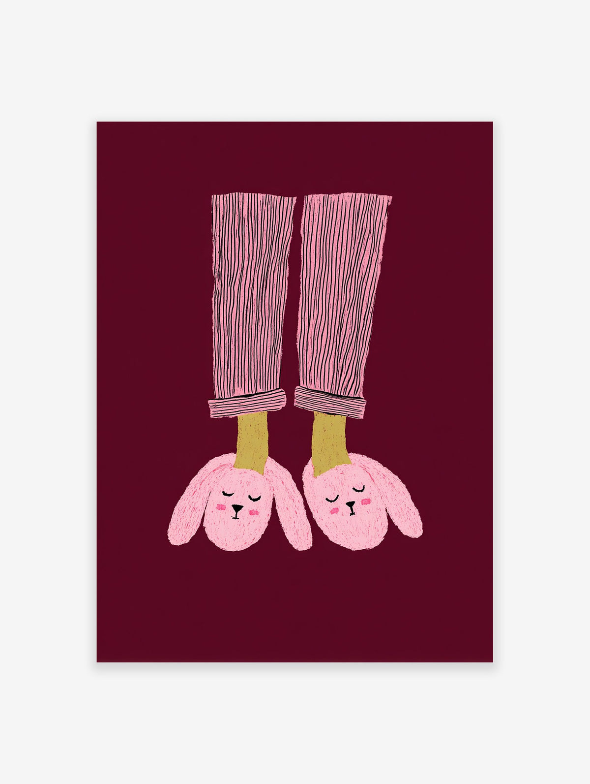 Illustration of feet in pink striped pajamas and pink bunny slippers on a maroon background. Bunny Slippers Wall Art.