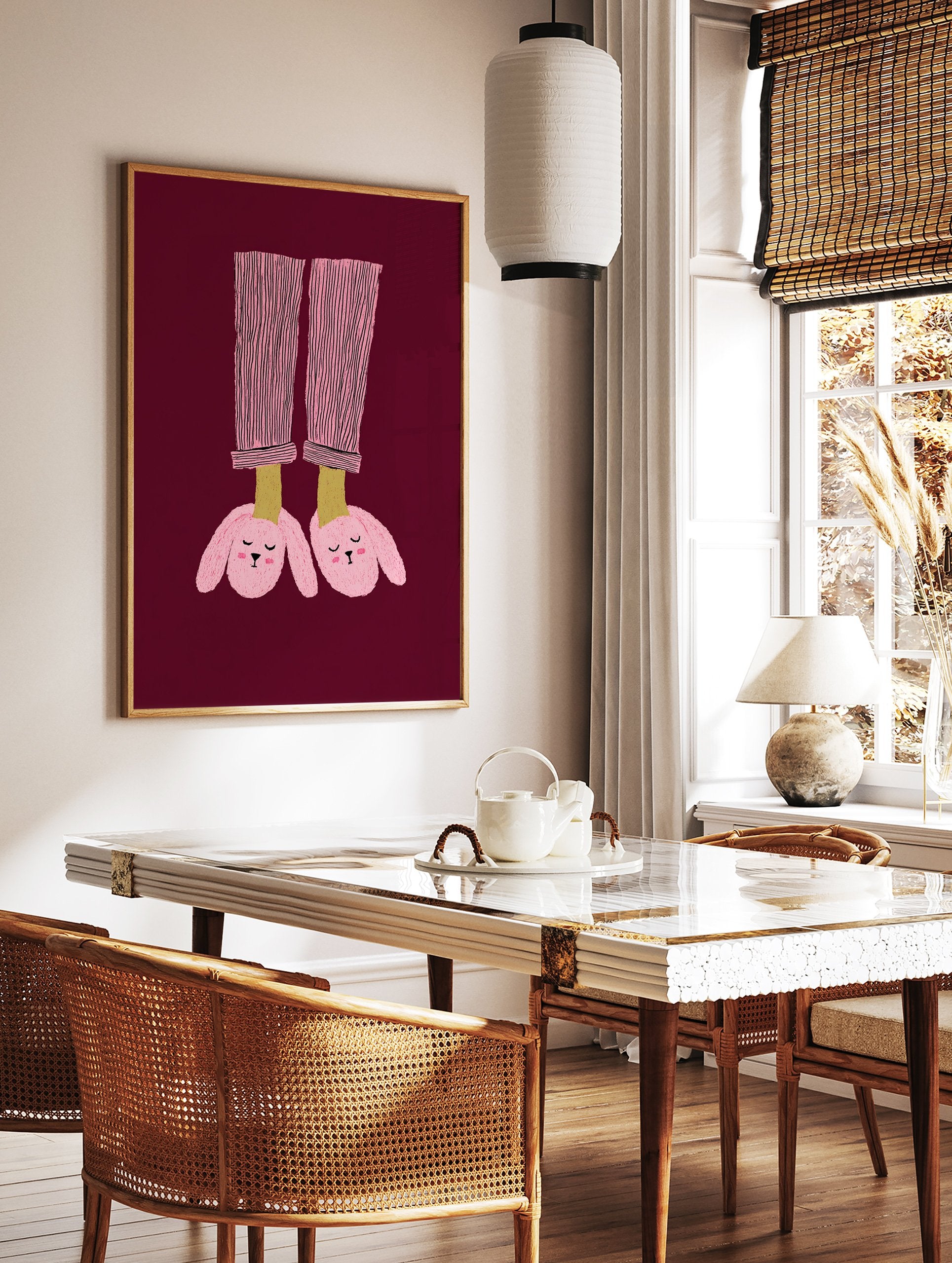 Illustration of feet in pink striped pajamas and pink bunny slippers on a maroon background. Bunny Slippers Wall Art. - Image 2
