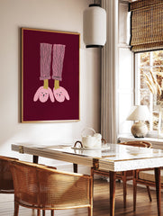 Illustration of feet in pink striped pajamas and pink bunny slippers on a maroon background. Bunny Slippers Wall Art. - Image 2