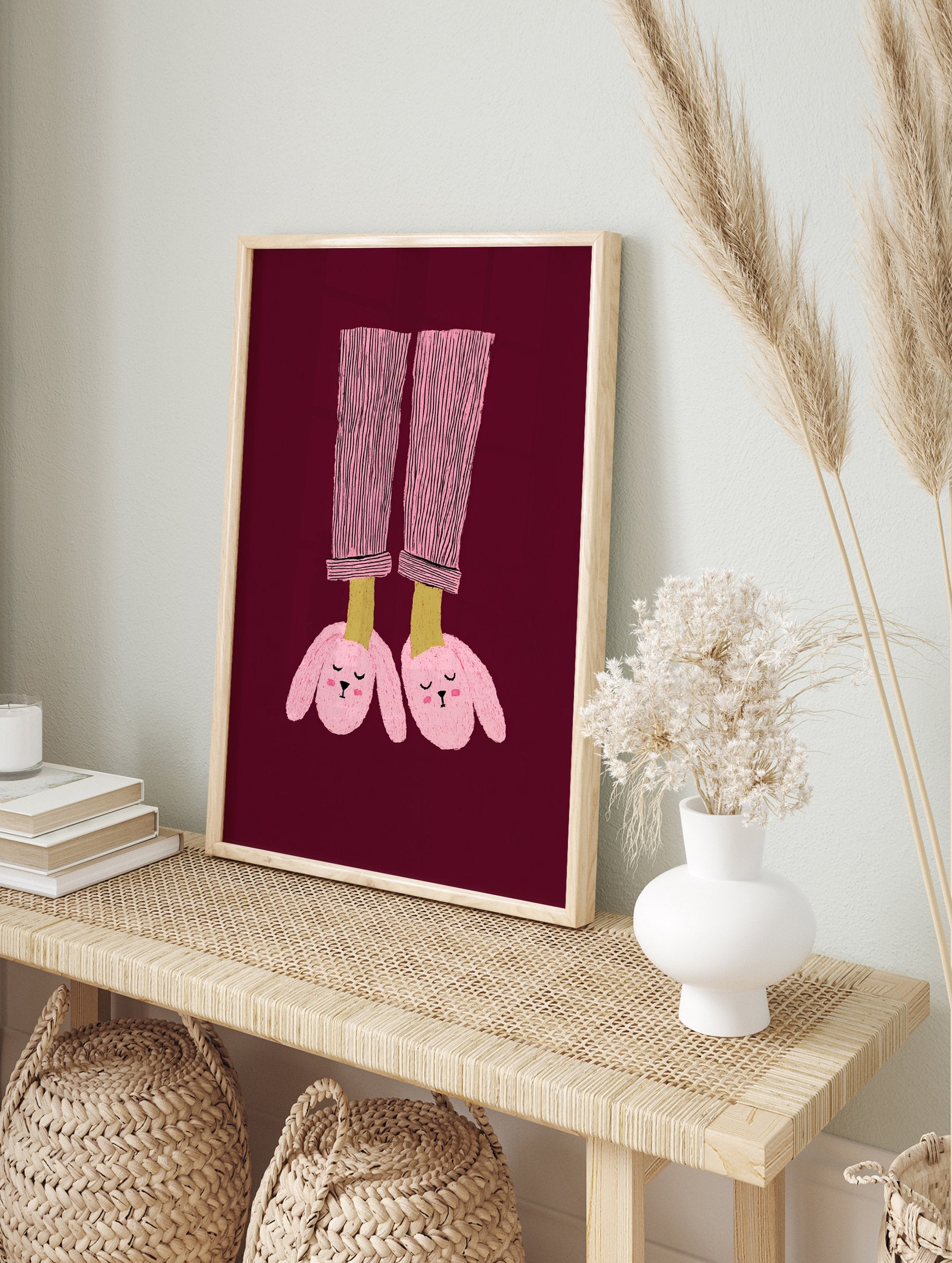 Illustration of feet in pink striped pajamas and pink bunny slippers on a maroon background. Bunny Slippers Wall Art. - Image 3