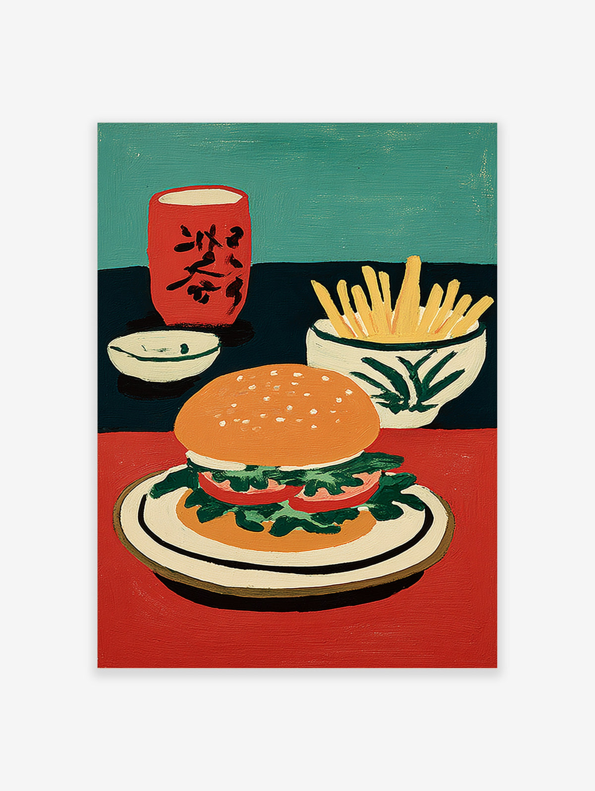 Burger and fries poster with red cup and teal background, retro food art print