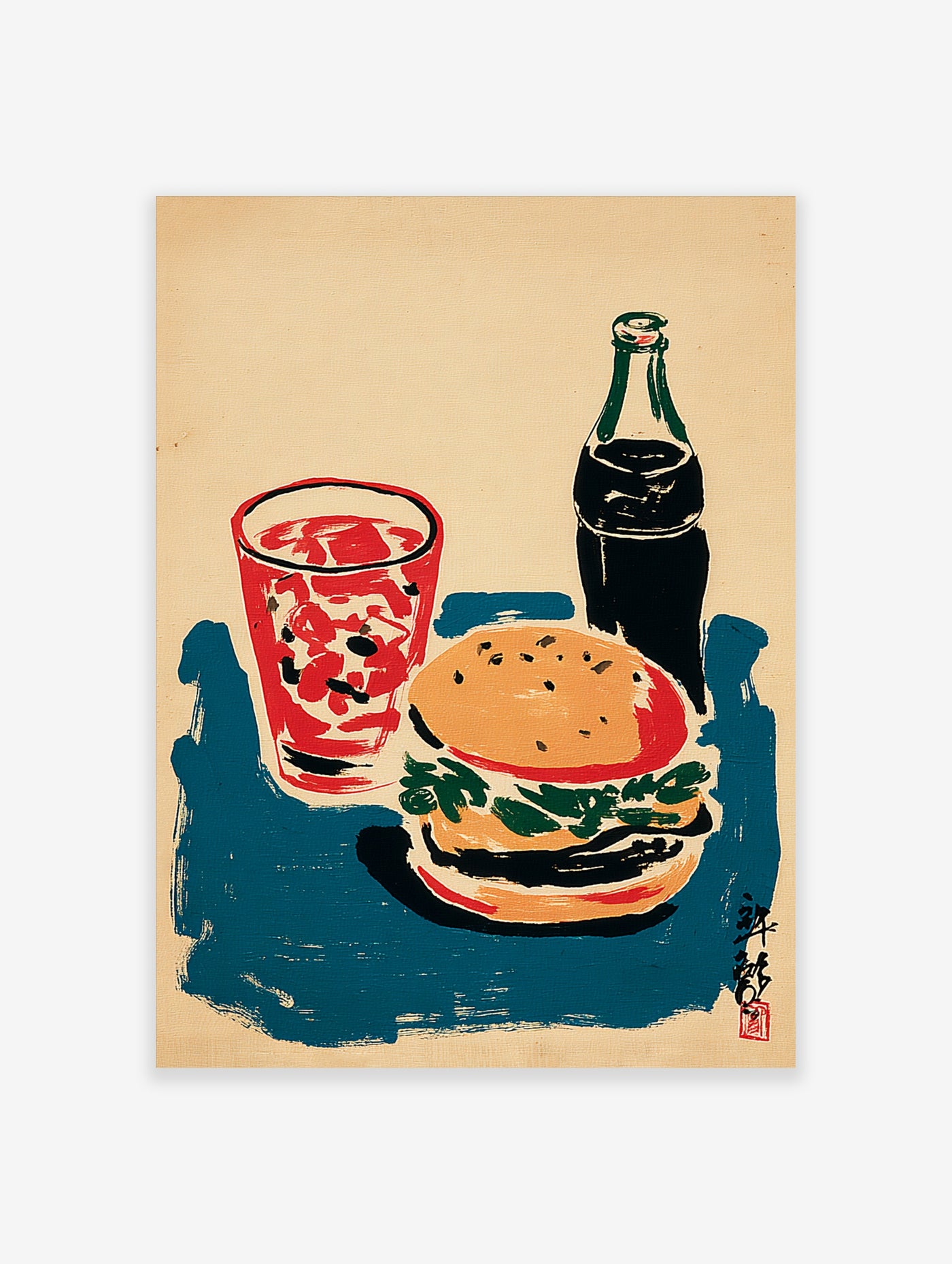 Retro pop art print of a burger, glass of red soda, and soda bottle on teal background
