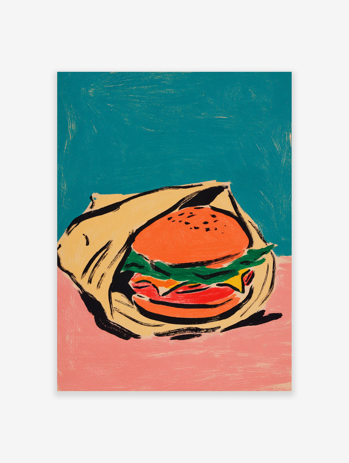 Colourful burger art print with orange bun, lettuce, tomato, cheese, wrapped in paper, teal background