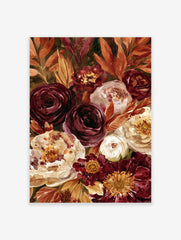 Watercolour floral art print featuring deep burgundy roses, cream peonies, and orange autumnal leaves on a dark background
