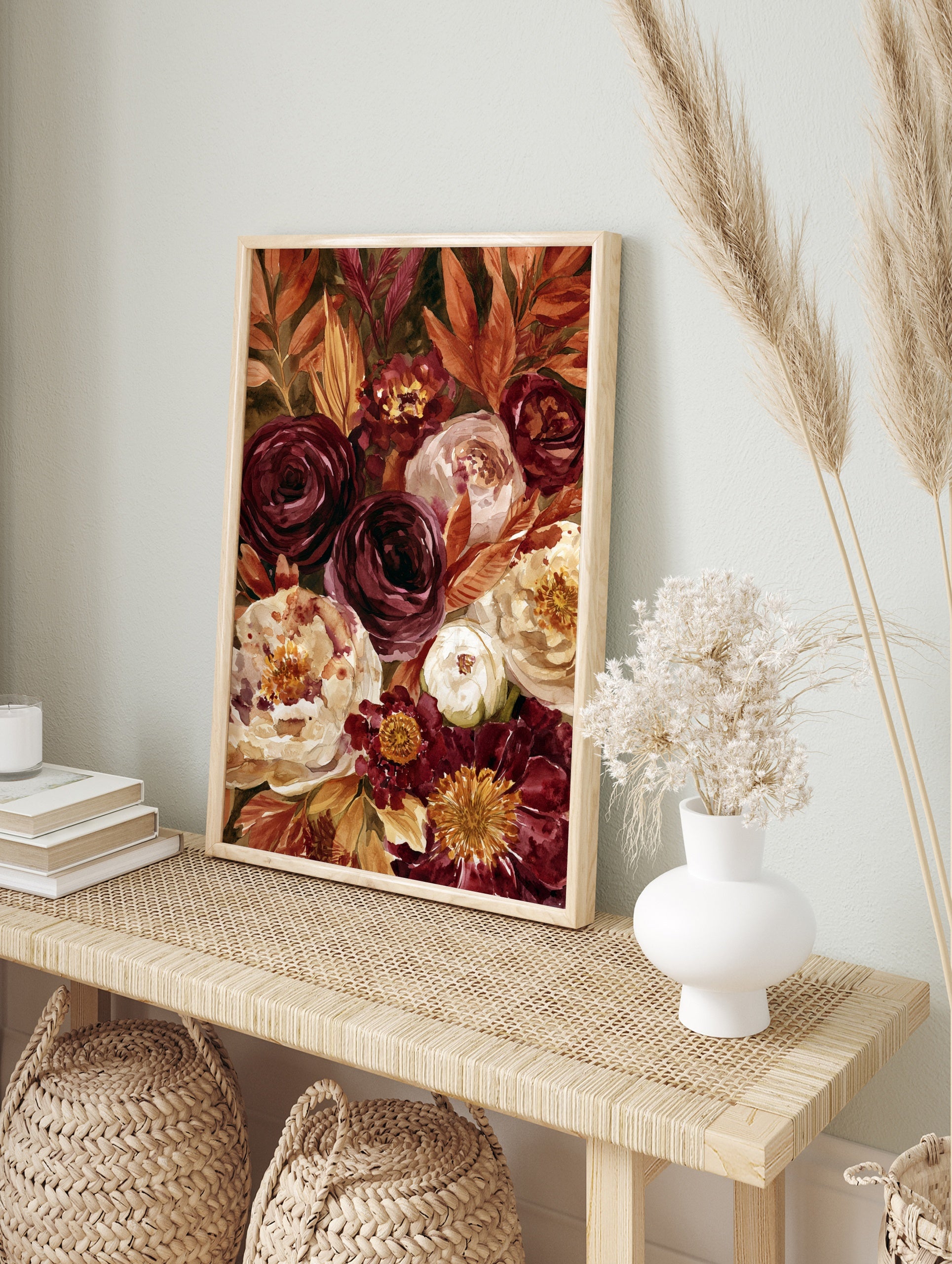 Watercolour floral art print featuring deep burgundy roses, cream peonies, and orange, in an alternate framed mockup