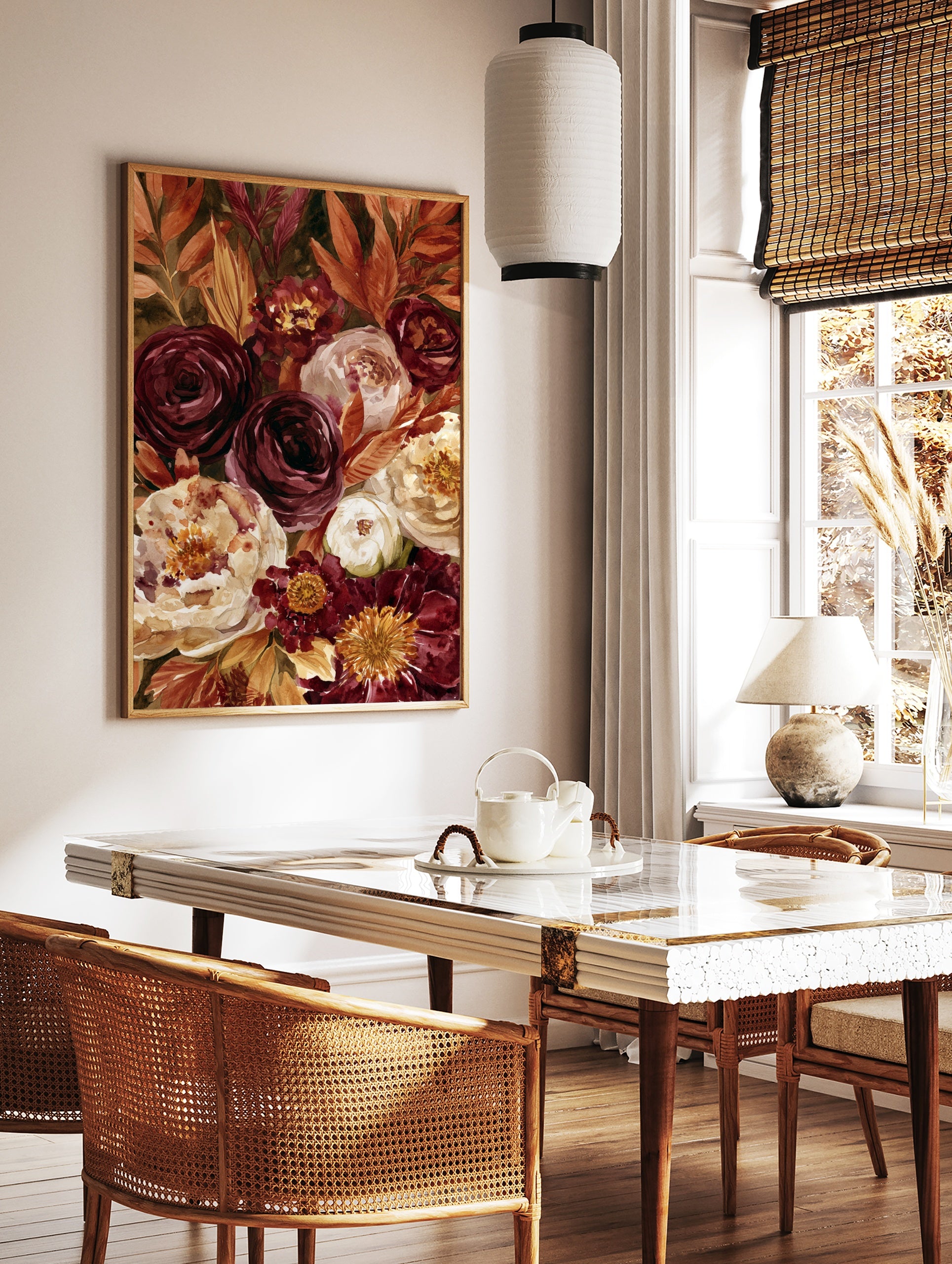 Watercolour floral art print featuring deep burgundy roses, cream peonies, and orange autumnal, in a styled room mockup