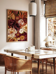 Watercolour floral art print featuring deep burgundy roses, cream peonies, and orange autumnal, in a styled room mockup