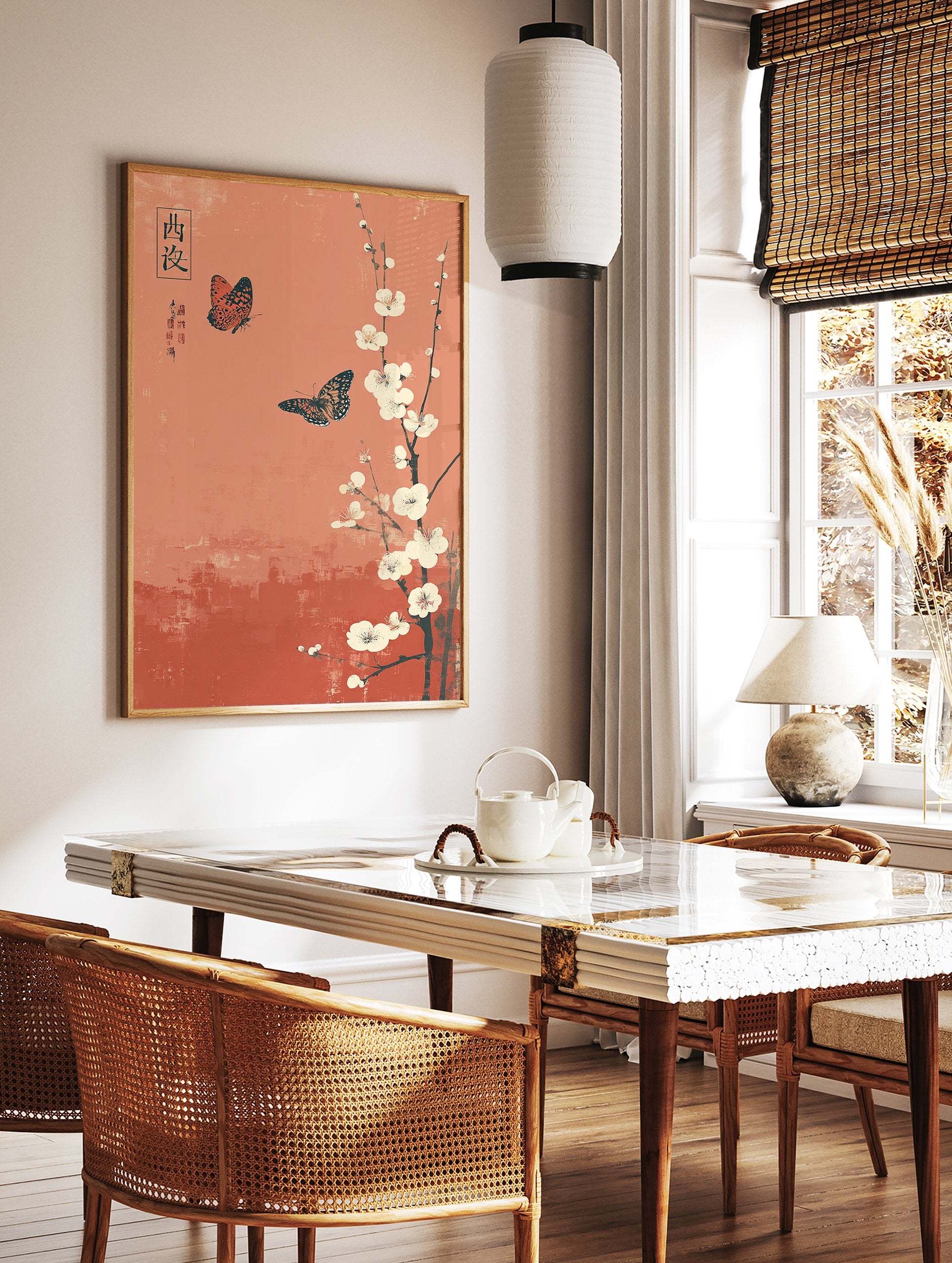 Japanese poster with two orange and black butterflies flying around white plum blossoms on a reddish-orange background. - Image 2
