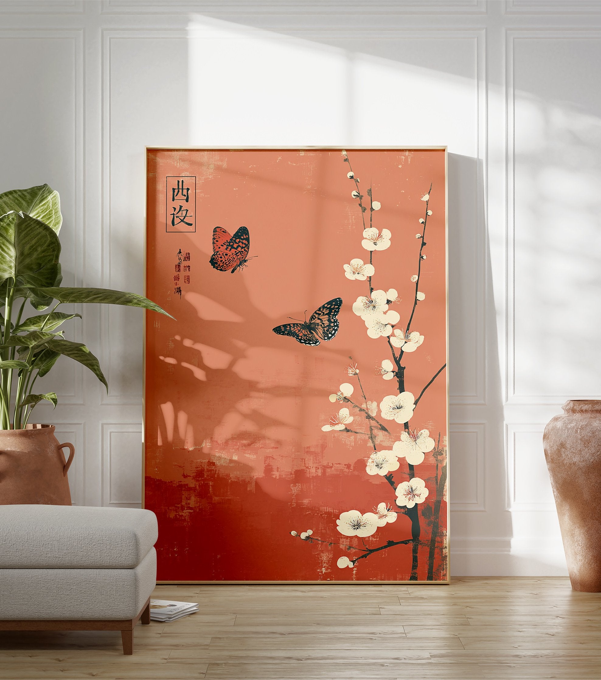 Japanese poster with two orange and black butterflies flying around white plum blossoms on a reddish-orange background. - Image 3