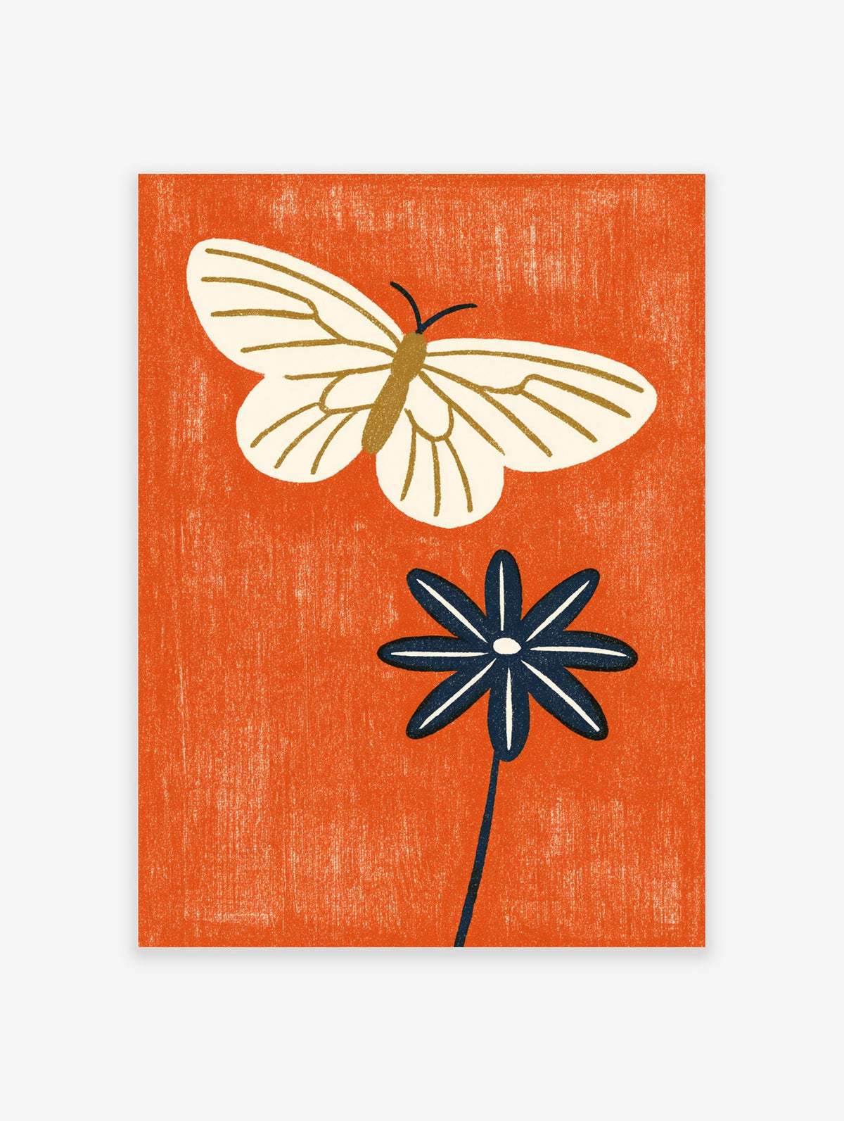 Minimalist butterfly and dark blue flower illustration on a textured orange background, botanical wall art print