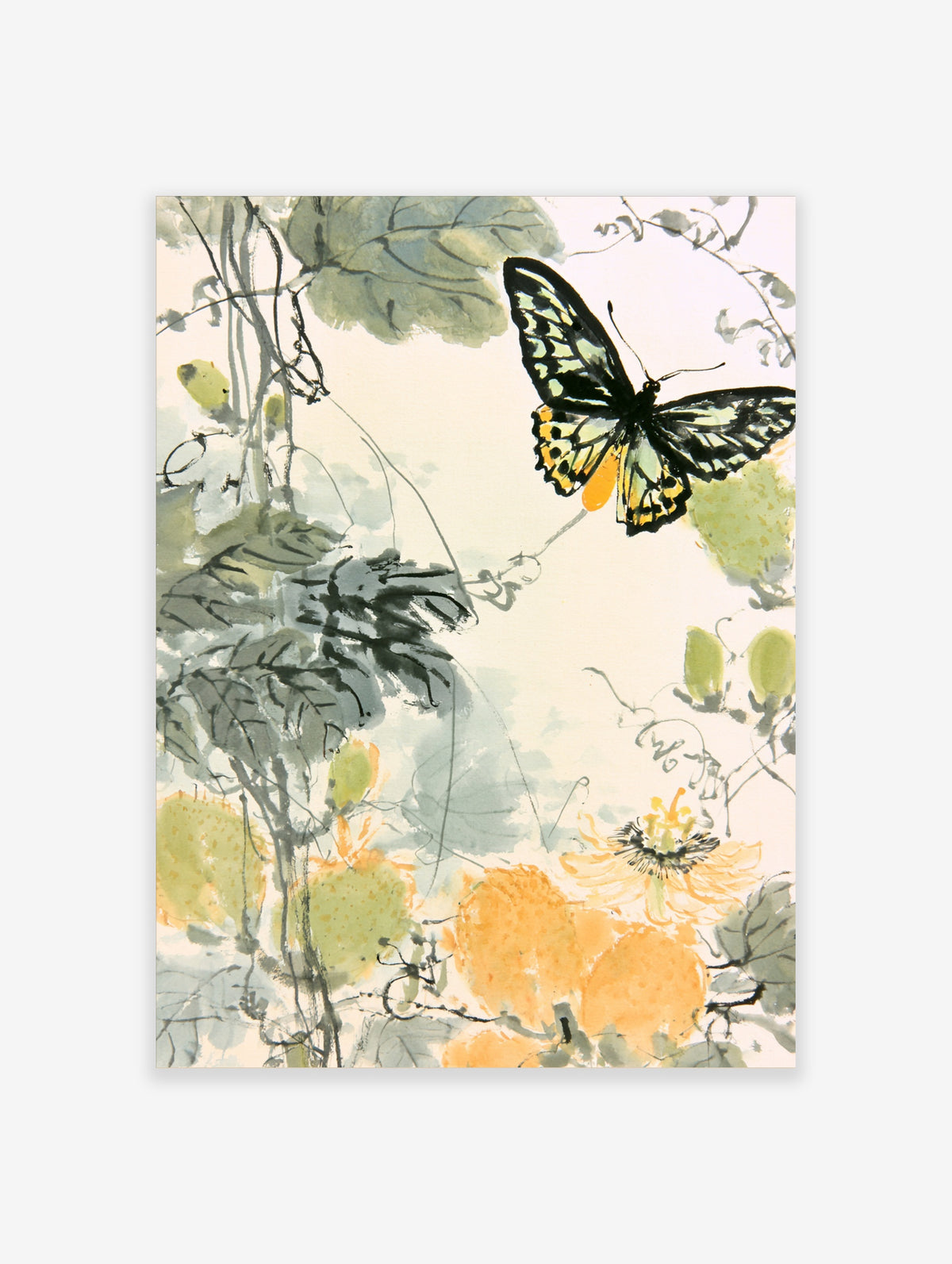 Chinese brush painting of a swallowtail butterfly above gourd vine with green leaves and orange flowers