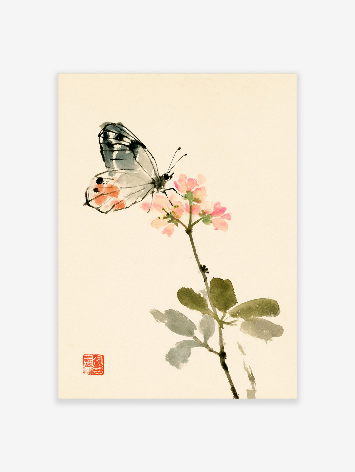 Butterfly with grey and orange wings on pink blossom branch, Japanese ink style art print